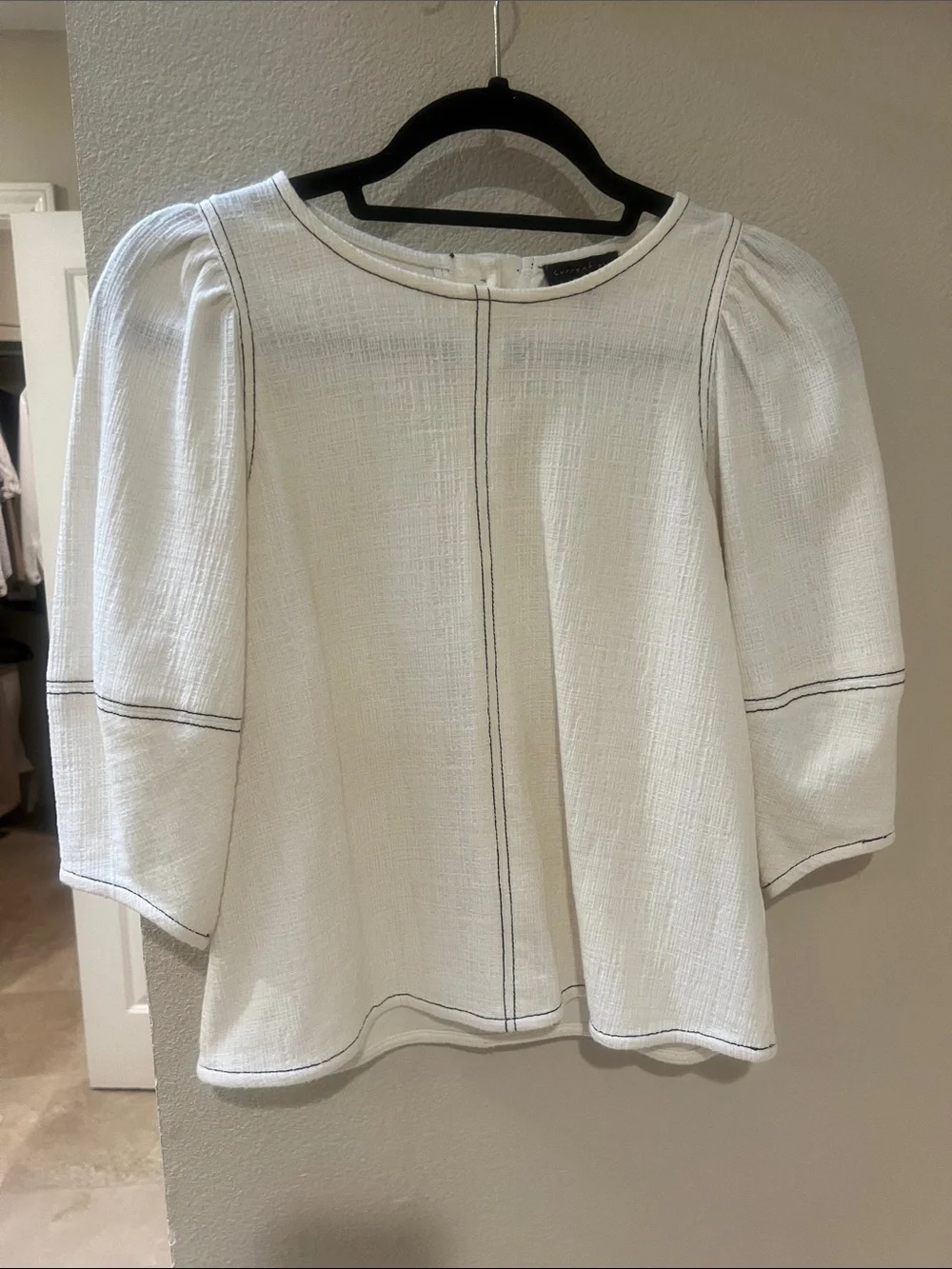 Anthropologie | Current Air White Puff-Sleeve Blouse with Black Topstitching